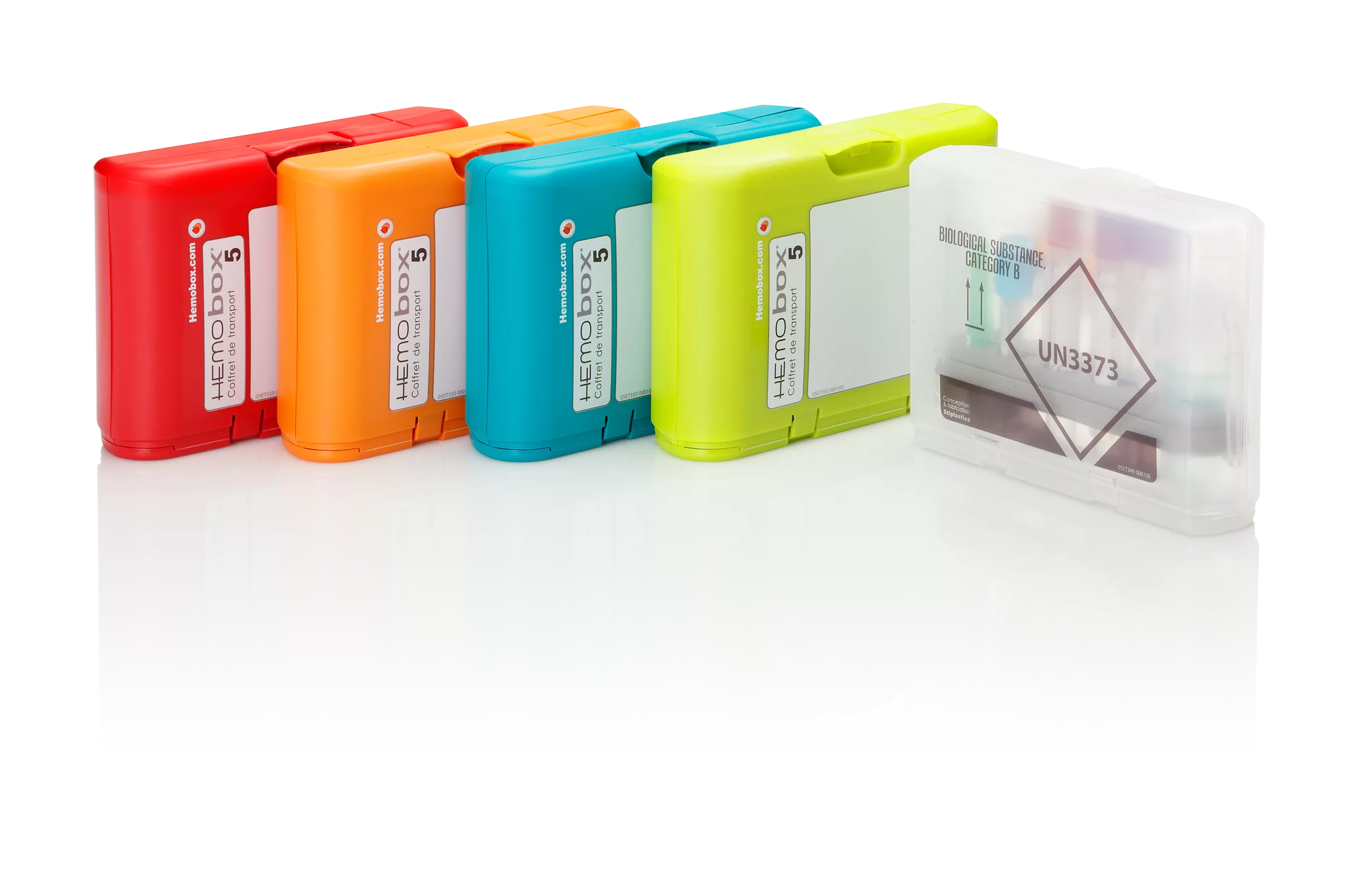 Assortment of Hemobox 5 blood transport boxes in six colours: light blue, red, orange, blue-green, green and transparent